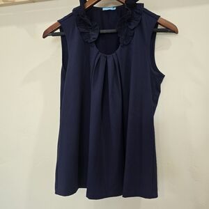 J McLaughlin Women's Top S Navy Blue Sleeveless Ruffle Collared Pullover